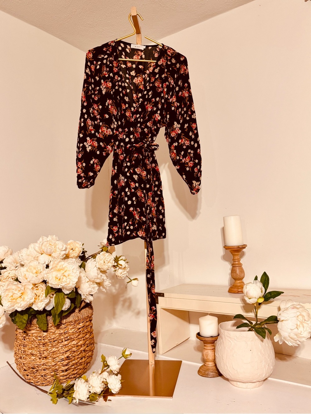 A.L.C. Black Floral Wrap Dress with Pink and Red Accents